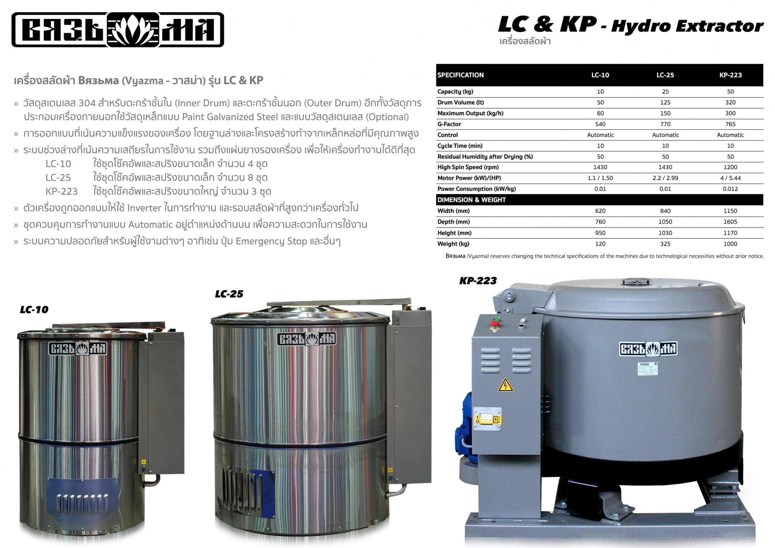 เครื่องสลัดผ้าอุตสาหกรรม VYAZMA LC / KP เหมาะกับโรงแรมขนาดเล็กและขนาดกลาง